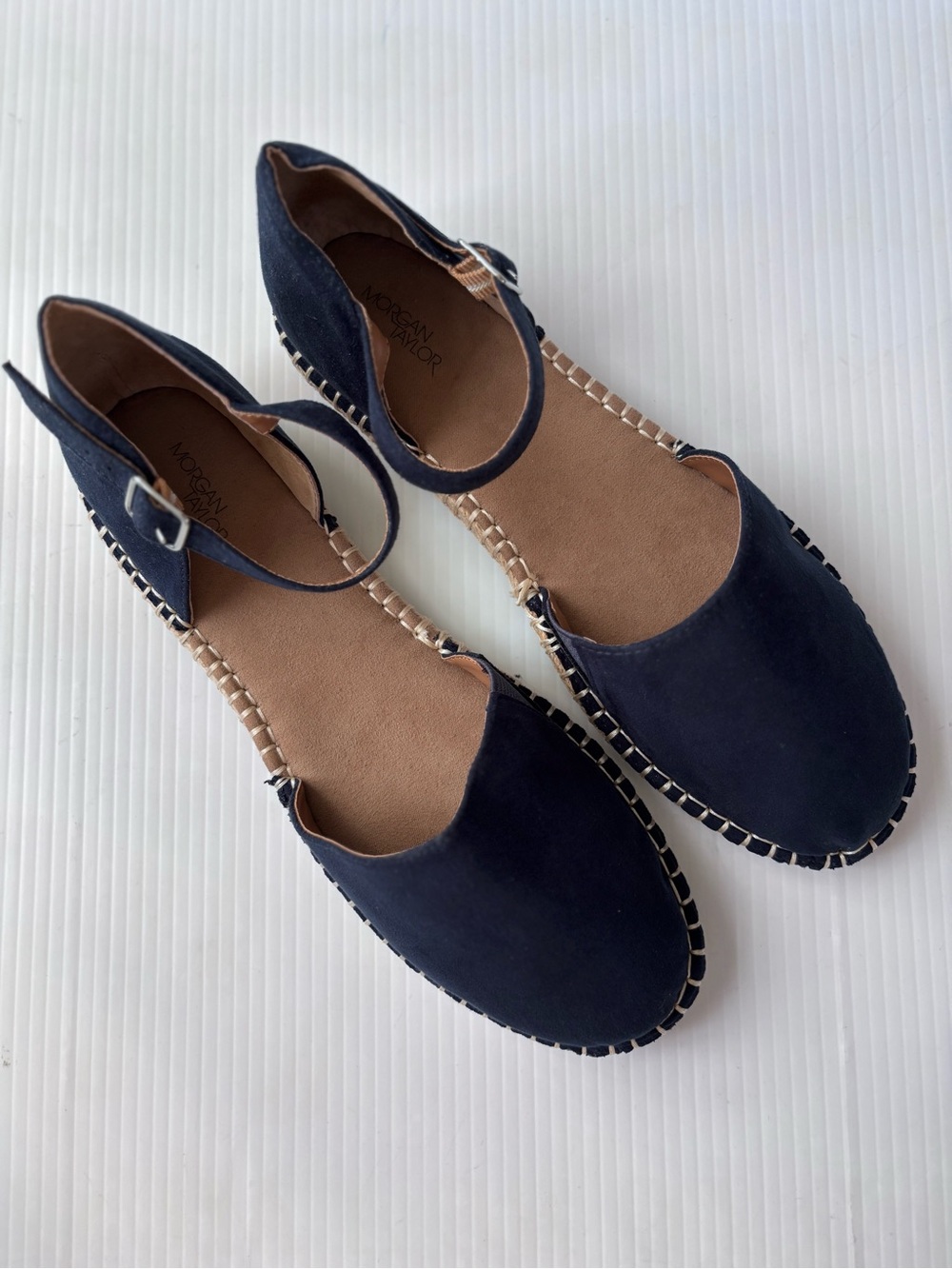 Morgan Taylor Paulette Espadrilles Suede Ankle Strap Flats Navy Blue Size 8.5